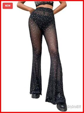 Glitter Sequin High Waist Flare Pants Mesh Bell Bottom Rave Party Leggings